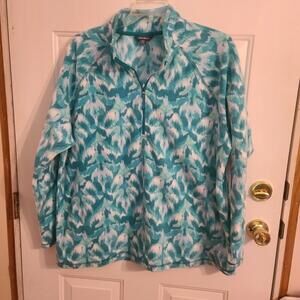 Eddie Bauer Sweater Womens 2XL Turquoise Leaf Ikat Polar Fleece 1/4 Zip Pullover